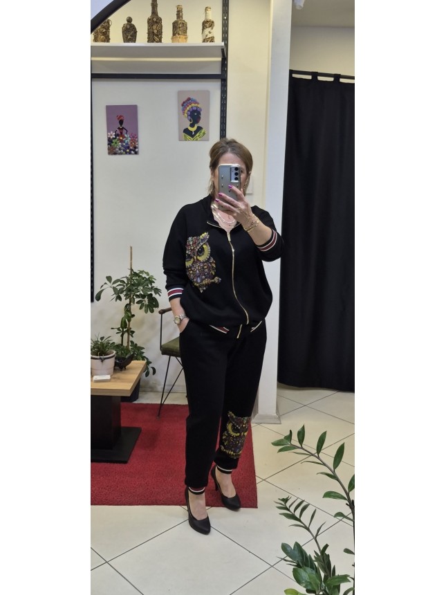 Baykuş ve Taş Detaylı Takım(Siyah Renk)