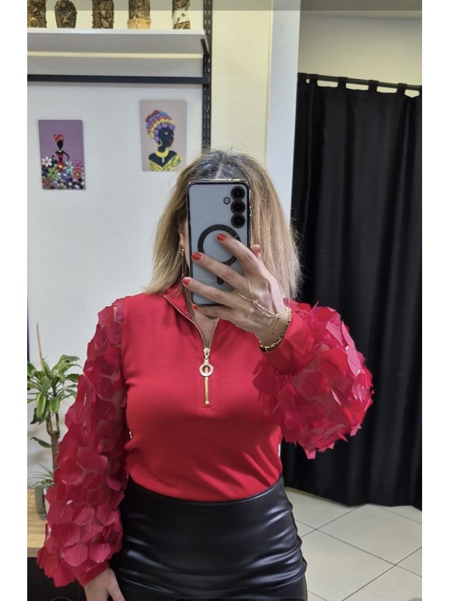 Kırmızı Kol Tül Ve Pul Detaylı Bluz