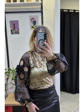 KADİFE KOL TÜL VE DERİ TAŞ FİGÜRLÜ MUHTEŞEM BLUZ