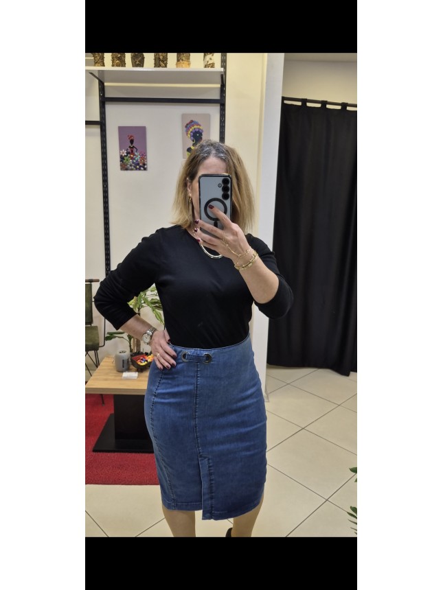 Likralı Kot Etek ,Taş Kemer Detaylı