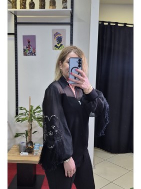 YAKA VE KOL TÜL ,PAYET DETAYLI SİYAH BLUZ