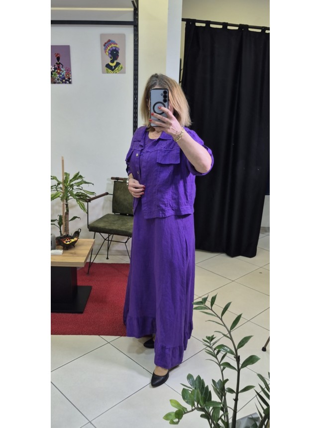 DÜZ DESEN DANTELLİ MOR KETEN TAKIM