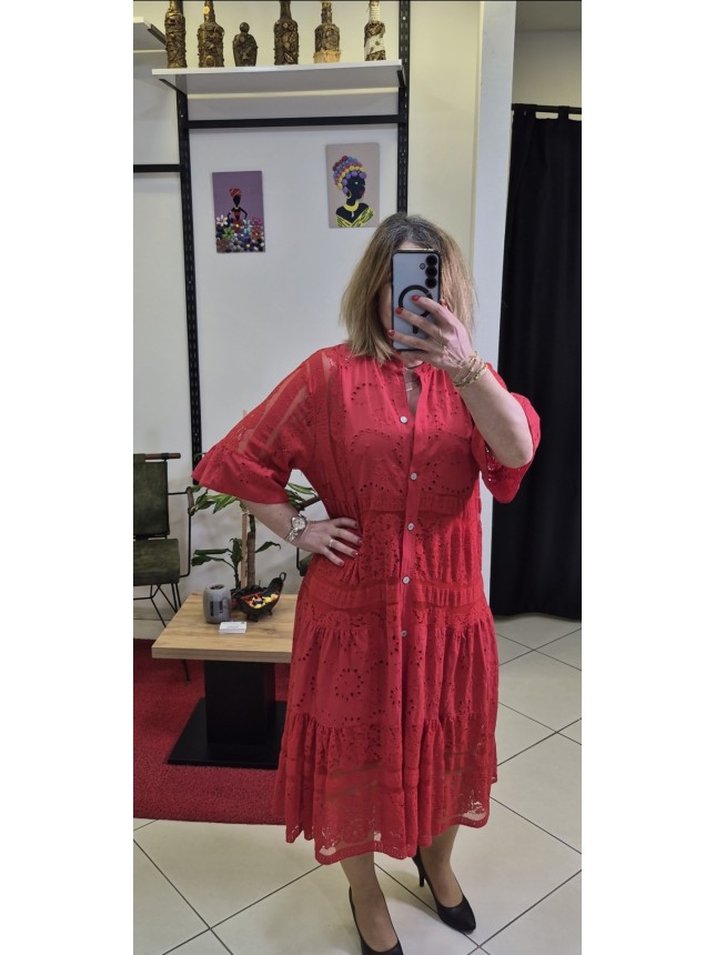 DANTELLİ KISA KOL PAMUKLU ELBİSE KIRMIZI