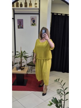 DÜZ DESEN FİLELİ HARDAL KETEN ELBİSE