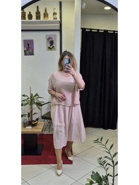 DÜZ DESEN FİLELİ PEMBE KETEN ELBİSE