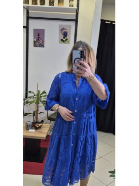 DANTELLİ KISA KOL PAMUKLU ELBİSE SAKS MAVİ