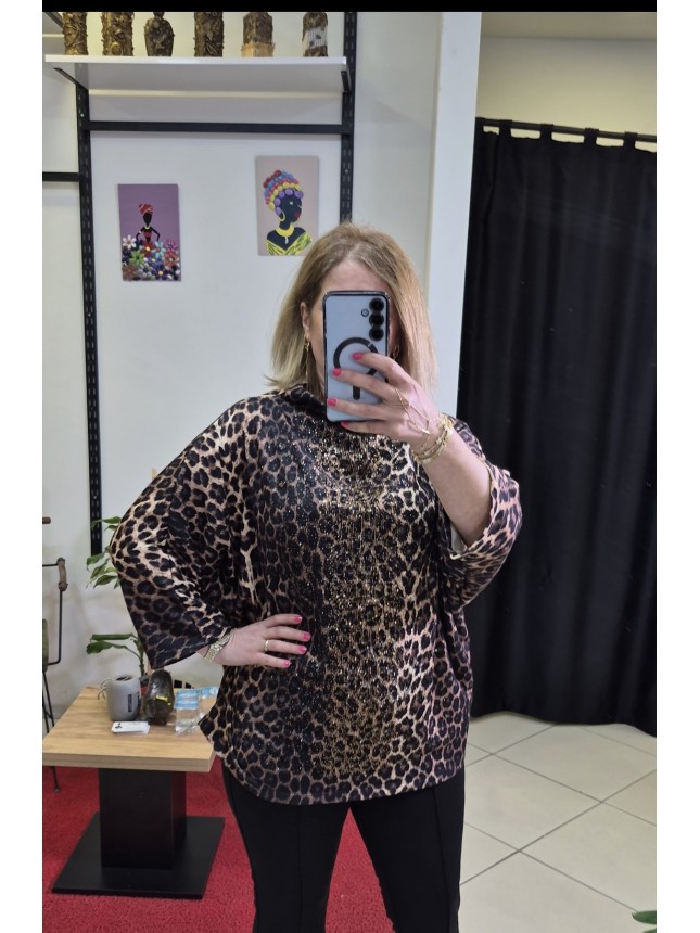 LEOPAR DESENLİ TAŞ DETAYLI BLUZ