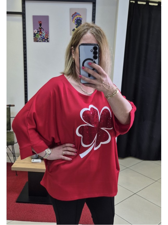 TAŞ DETAYLI ŞANS YONCALI KIRMIZI BLUZ