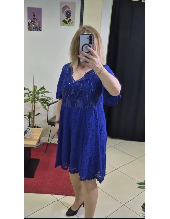 İTHAL KETEN PAYET DETAYLI SAKS ELBİSE