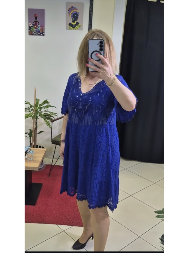 İTHAL KETEN PAYET DETAYLI SAKS ELBİSE