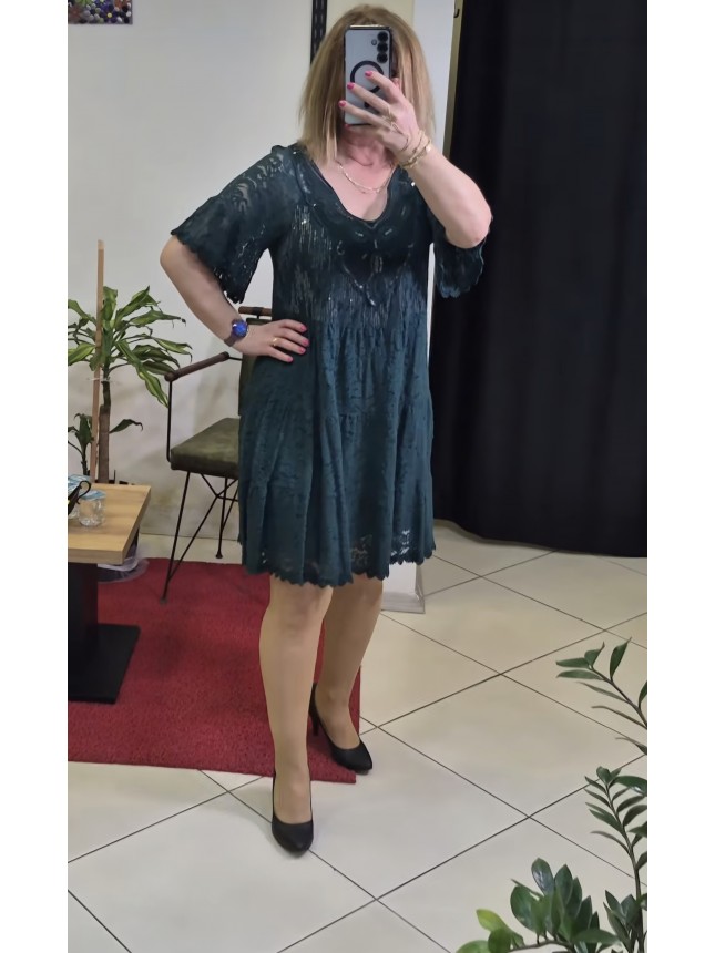 İTHAL KETEN PAYET DETAYLI K.YEŞİL ELBİSE