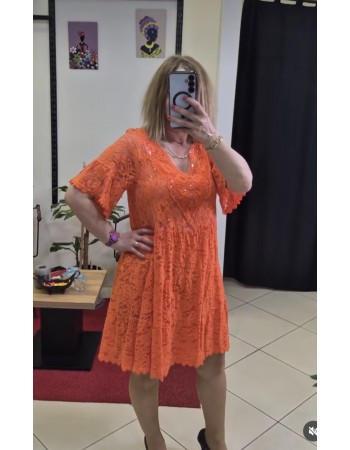 İTHAL KETEN PAYET DETAYLI ORANJ ELBİSE