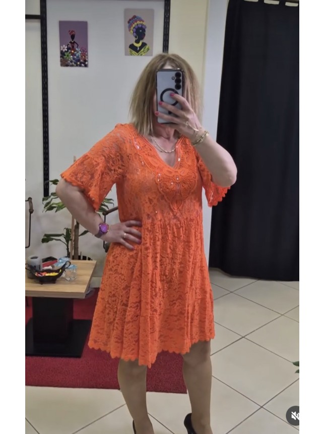 İTHAL KETEN PAYET DETAYLI ORANJ ELBİSE
