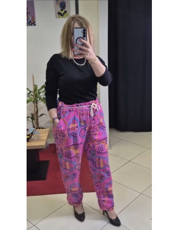 İTHAL KETEN BALIK DESENLİ PEMBE PANTOLON