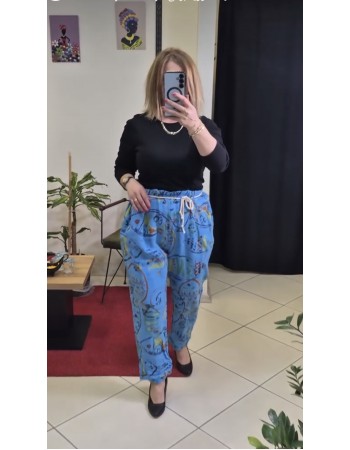 İTHAL KETEN BALIK  DESENLİ MAVİ PANTOLON