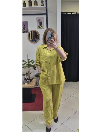 İTALYAN KETEN TAKIM NAKIŞ VE PUL,BONCUK DETAYLI HARDAL RENK