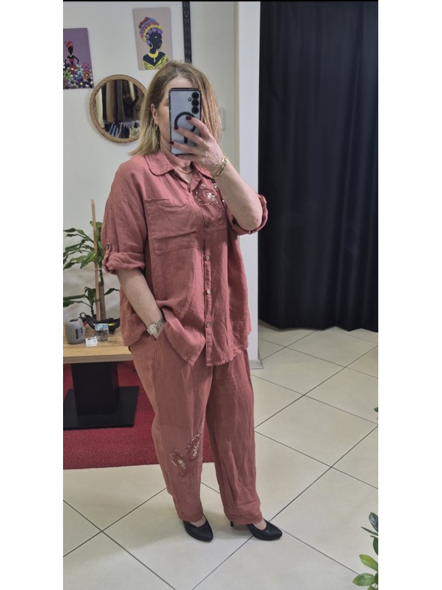 İTALYAN KETEN TAKIM NAKIŞ VE TAŞ DETAYLI TARÇIN RENK