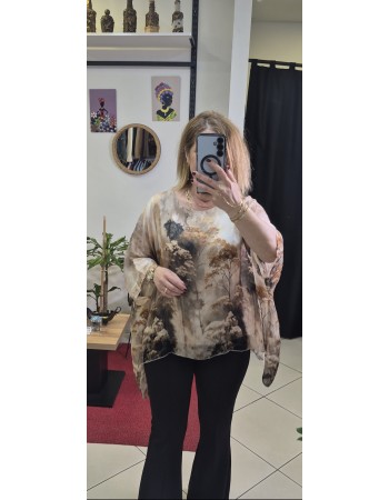 İTALYAN İPEK  AĞAÇ DESENLİ BLUZ KAHVE 