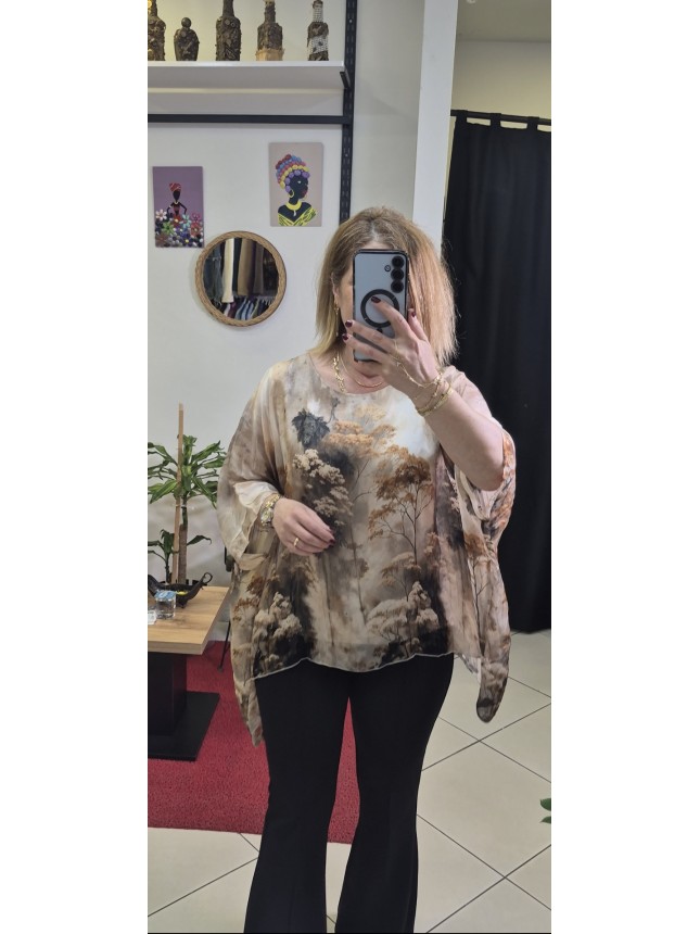 İTALYAN İPEK  AĞAÇ DESENLİ BLUZ KAHVE 