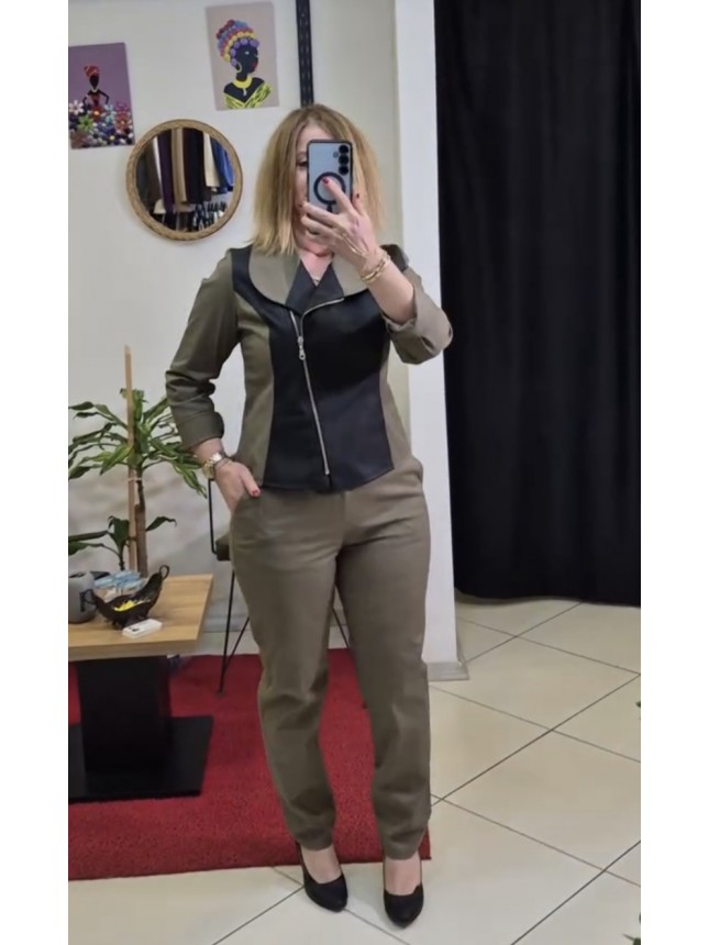 DERİ DETAYLI FERMUARLI CEKET VE PANTOLON TAKIM