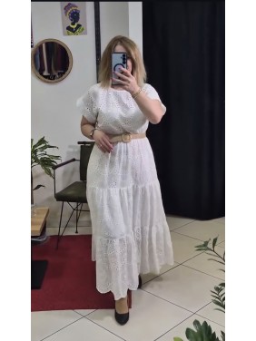 PAMUKLU DELİK İŞLEMELİ KEMER DETAYLI ELBİSE