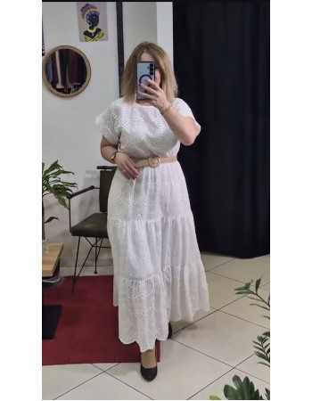 PAMUKLU DELİK İŞLEMELİ KEMER DETAYLI ELBİSE