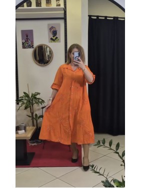 İTALYAN KRİZANTEM DESEN KABARTMALI PUL DETAYLI GÖMLEK ELBİSE