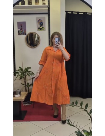 İTALYAN KRİZANTEM DESEN KABARTMALI PUL DETAYLI GÖMLEK ELBİSE