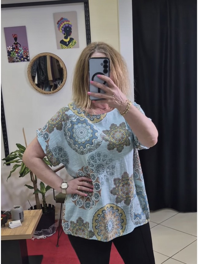 İTHAL PAMUK KETEN DESENLİ BLUZ