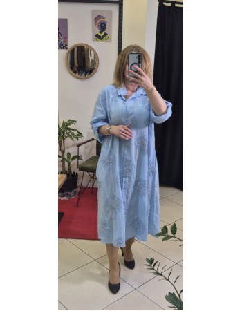 İTALYAN KRİZANTEM DESEN KABARTMALI PUL DETAYLI GÖMLEK ELBİSE