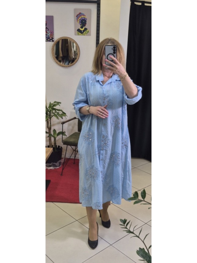 İTALYAN KRİZANTEM DESEN KABARTMALI PUL DETAYLI GÖMLEK ELBİSE