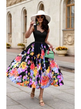  Desenli Kloş İthal Krep Kumaş Elbise(Siyah)