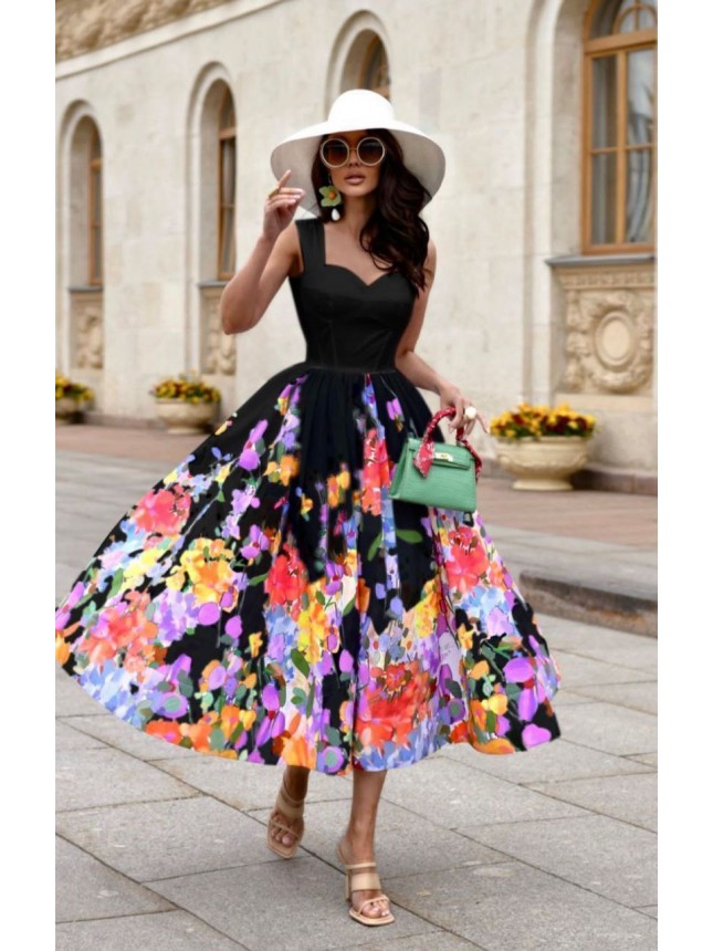  Desenli Kloş İthal Krep Kumaş Elbise(Siyah)