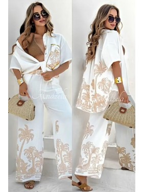 Palmiye baskılı keten gömlek pantolon takım 