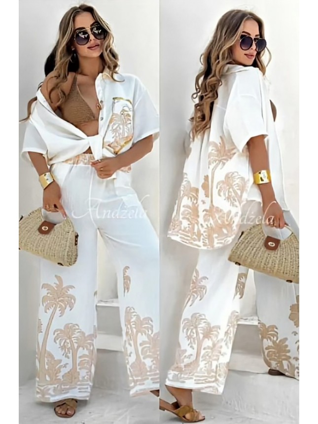 Palmiye baskılı keten gömlek pantolon takım 